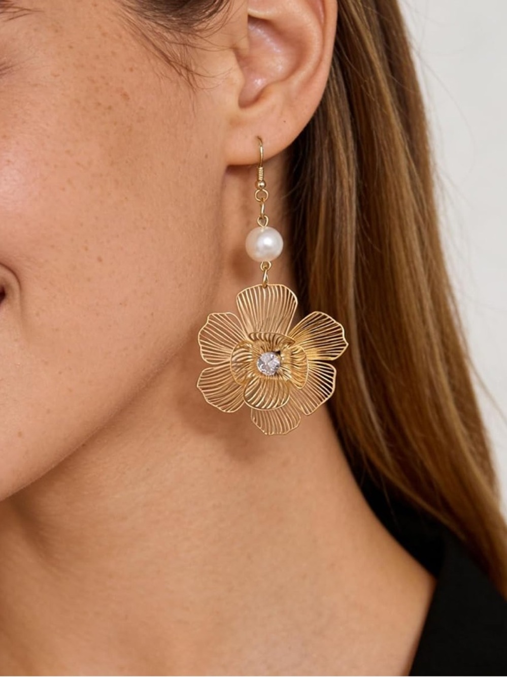 Anthropologie Gold Floral Drop Earrings with Pearl and Crystal Accent - Picture 3 of 4